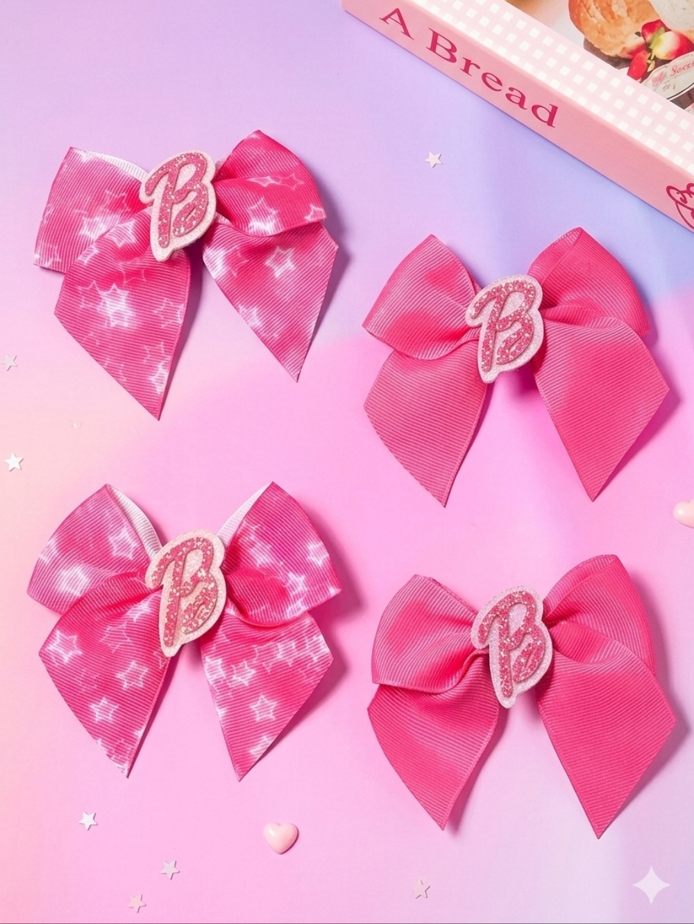 [NWOT] Barbiecore Pink Bow Hair Clip Set - Set of 4 Star & Solid Ribbed Bows